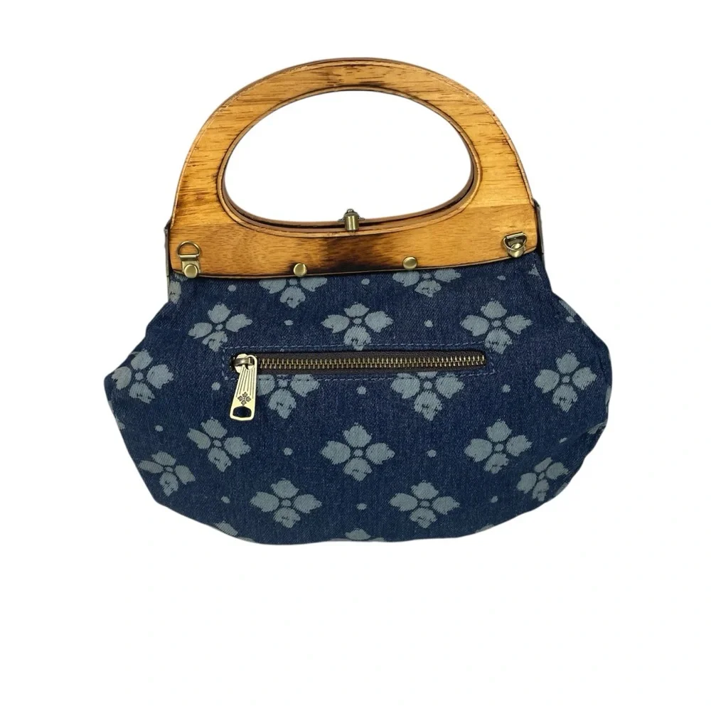 Patricia Nash Mirabella Wood Frame Denim Fabric Crossbody Bag Handbag Purse Blue